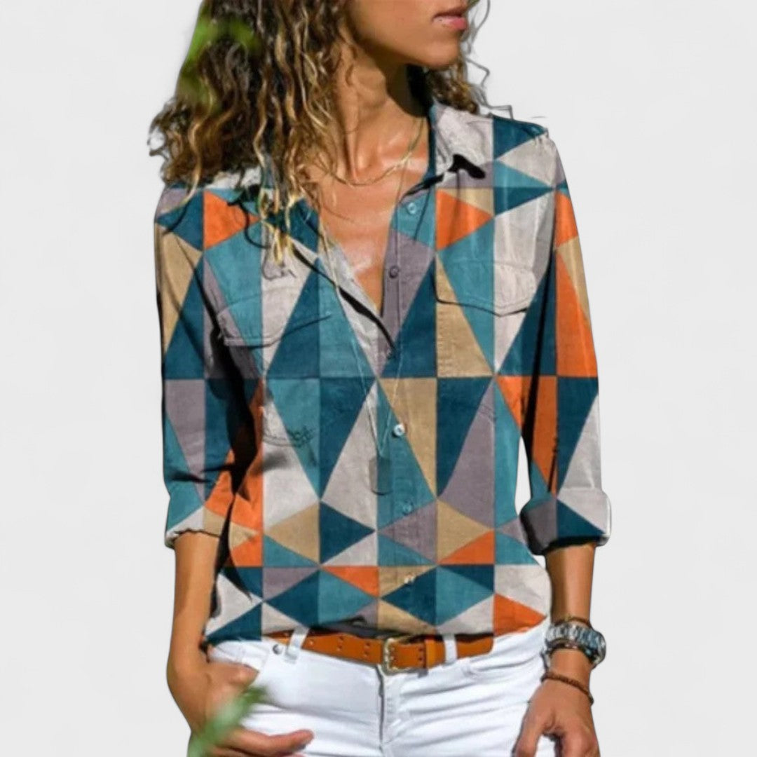 Elegant button-up blouse with multicolor geometric triangle pattern, collared, rolled sleeves