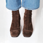 Anna brown suede mid-calf heeled boots, front view, pull-on with rounded toe