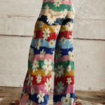 High-waist wide-leg boho pants with multicolor floral patchwork and frayed hems