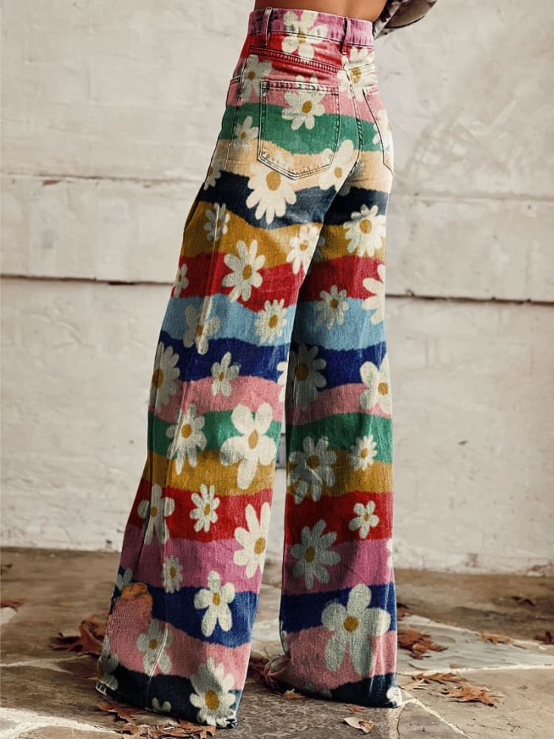 High-waist wide-leg boho pants with multicolor floral patchwork and frayed hems