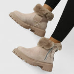 Beige suede ankle boots with faux-fur collar, side zipper, thick lug sole