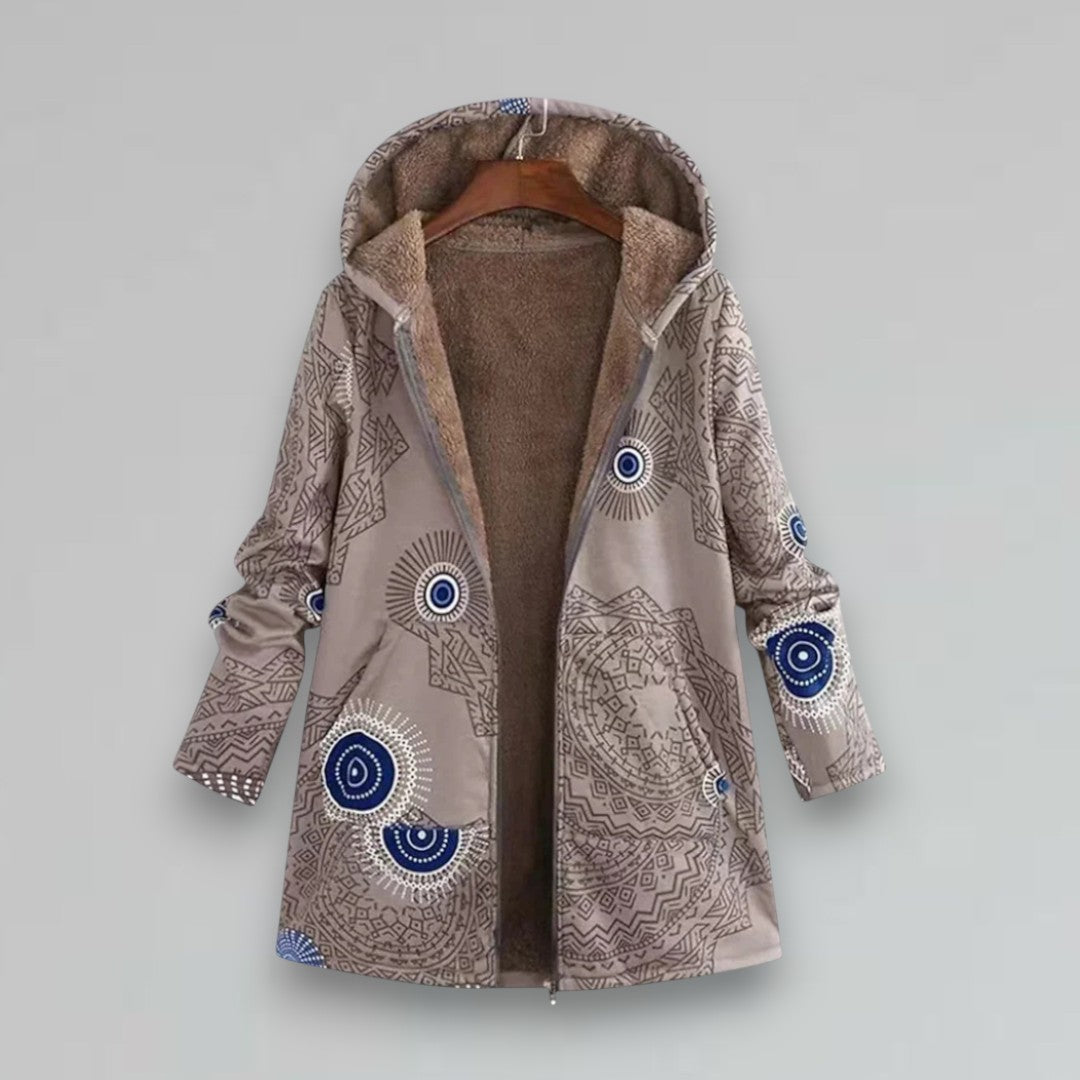 Boho winter jacket, hooded beige with blue circular embroidery and zip front