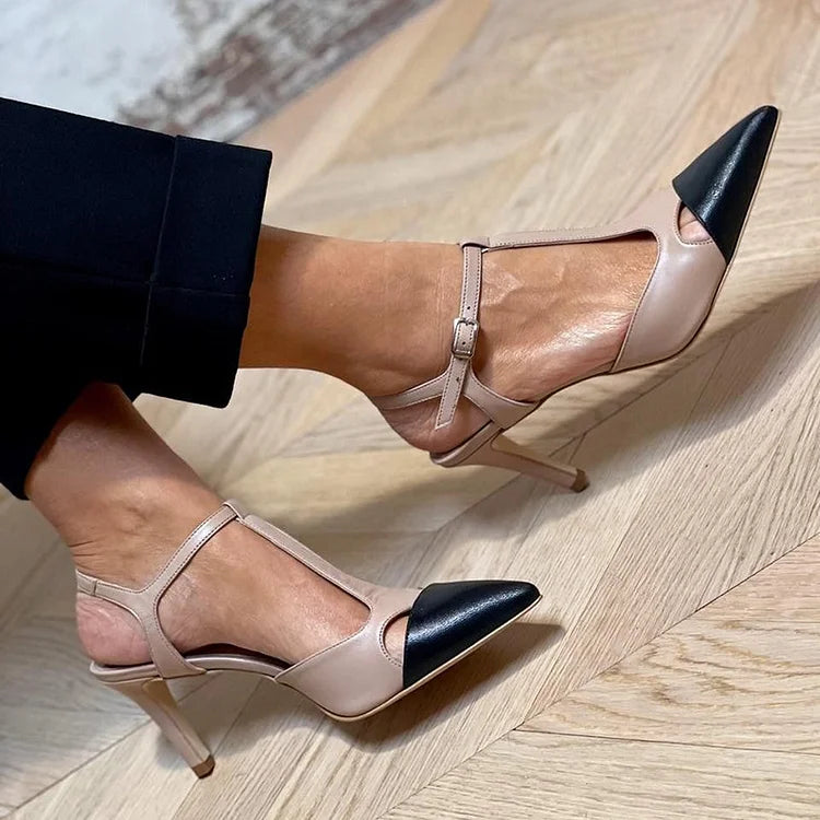 Beige and dark two-tone heeled sandals with ankle strap and pointed toe
