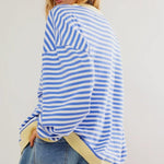 Light blue and white striped relaxed pullover with long sleeves, crew neck