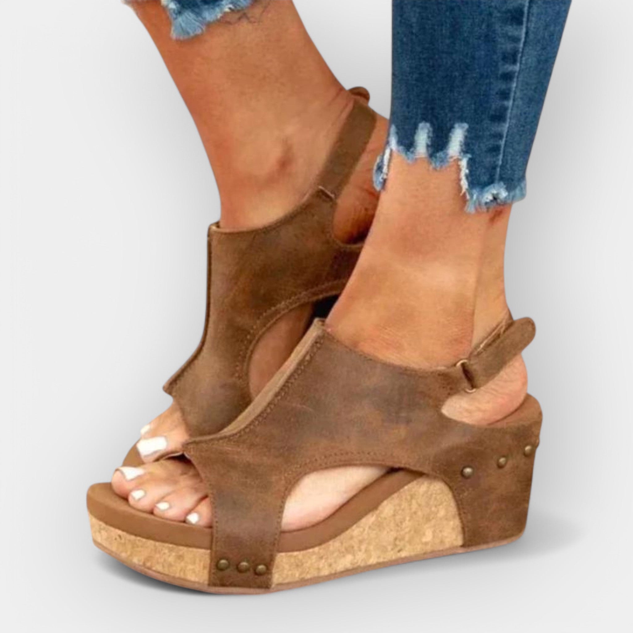 Brown suede platform wedge sandals with ankle cutout and open toe