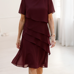 Burgundy layered short-sleeve chiffon dress with tiered ruffle skirt