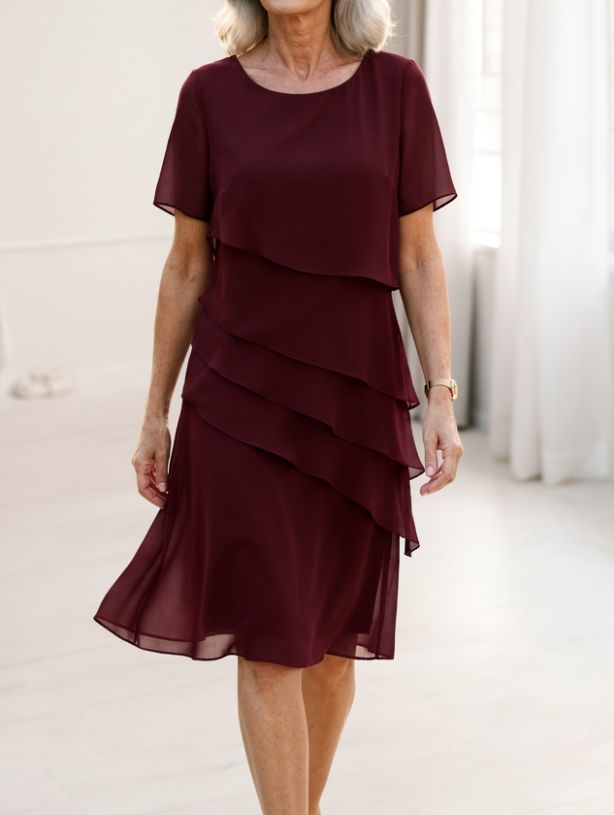Burgundy layered short-sleeve chiffon dress with tiered ruffle skirt