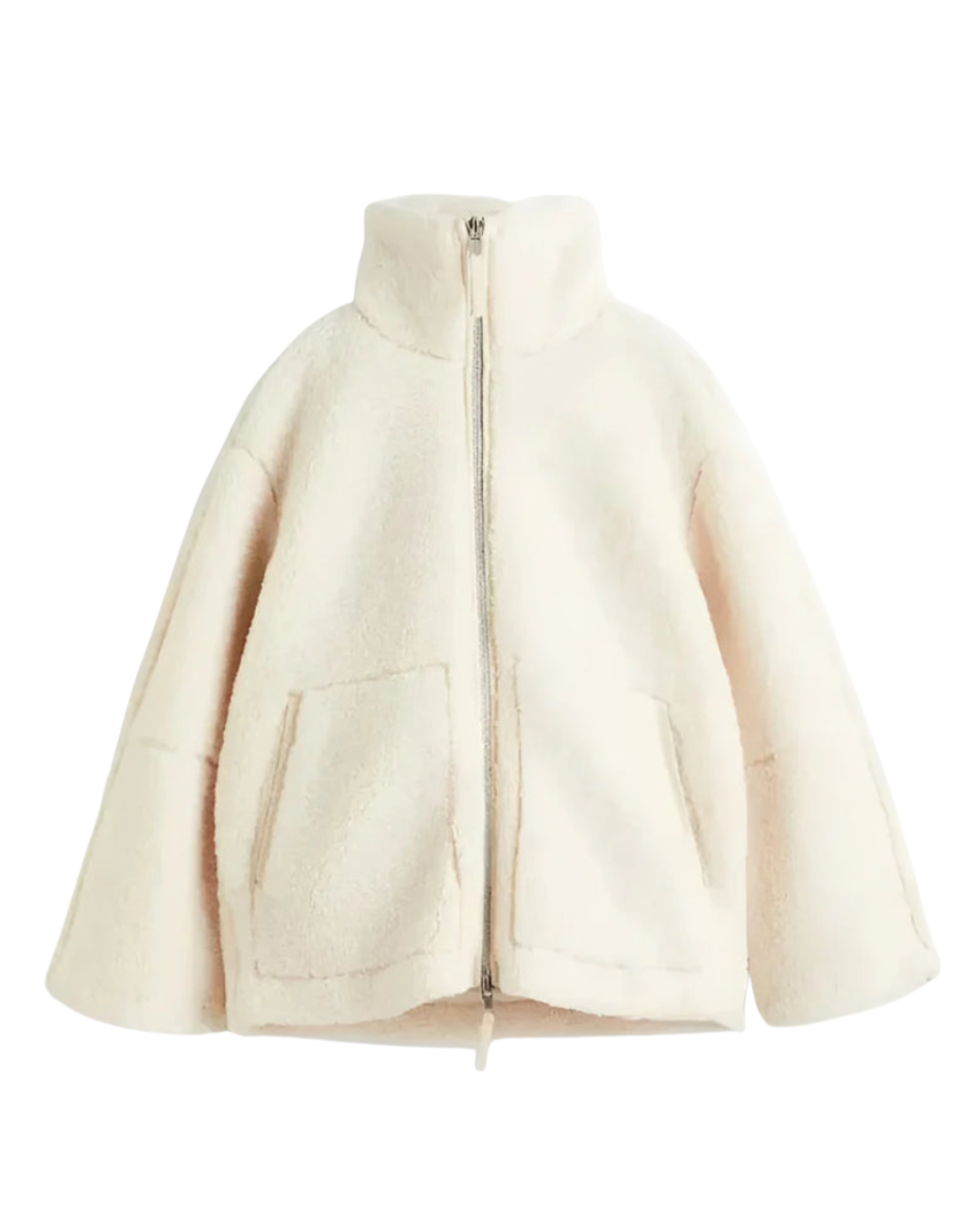 Cream sherpa zip-up winter jacket with stand collar and two front flap pockets