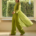 Olive green wide-leg pants set with flowing open kimono and round-neck top