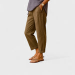 Olive-brown linen-cotton summer pants, relaxed fit with cuffed cropped hem