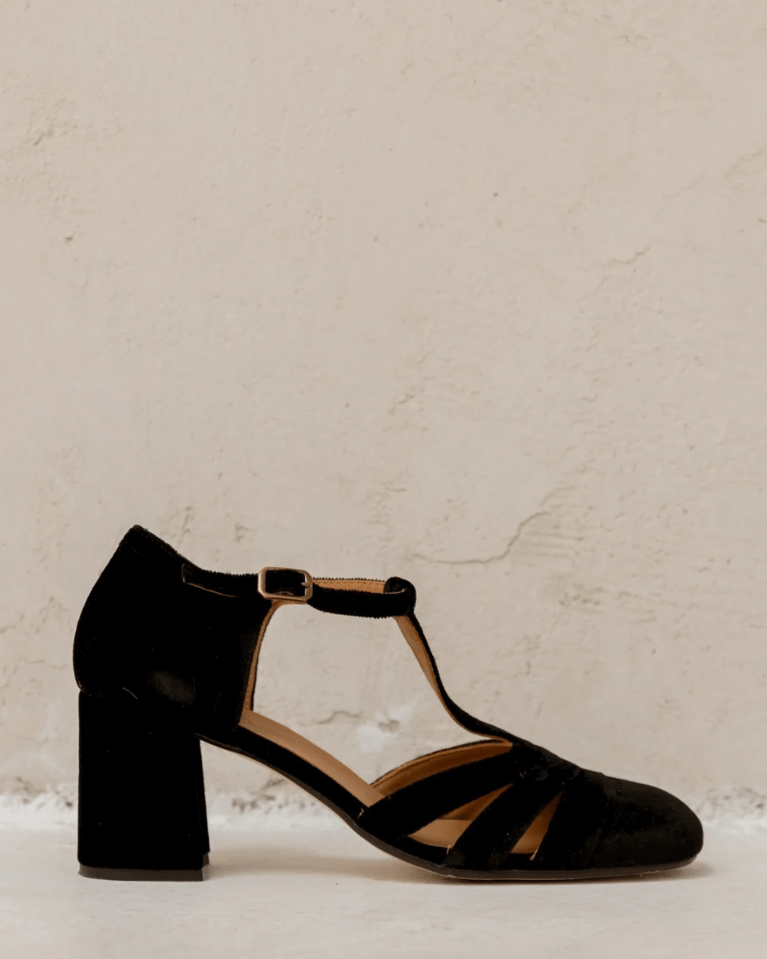 Black suede T-strap heeled sandal with buckled ankle strap