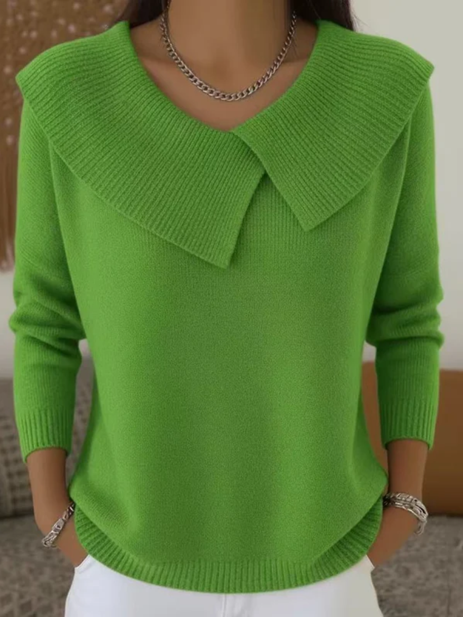 Bright green knit sweater with soft fold-over collar and V-neck, long sleeves