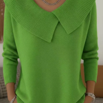 Bright green knit sweater with soft fold-over collar and V-neck, long sleeves
