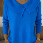 Blue knit sweater with soft fold-over collar and V-neck, long sleeves