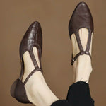 Brown leather pointed-toe flats with ankle strap and braided trim