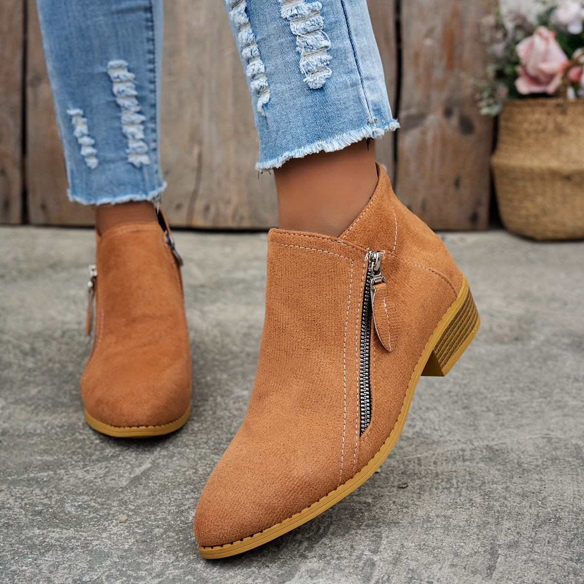 Tan orthopedic ankle boots with side zipper and block heel for everyday wear