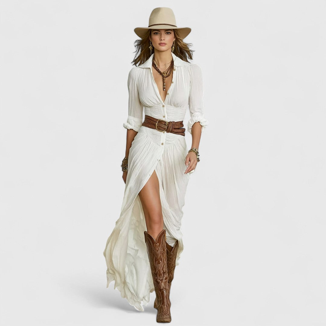 White long linen wrap dress with V-neck, three-quarter sleeves, and side slit
