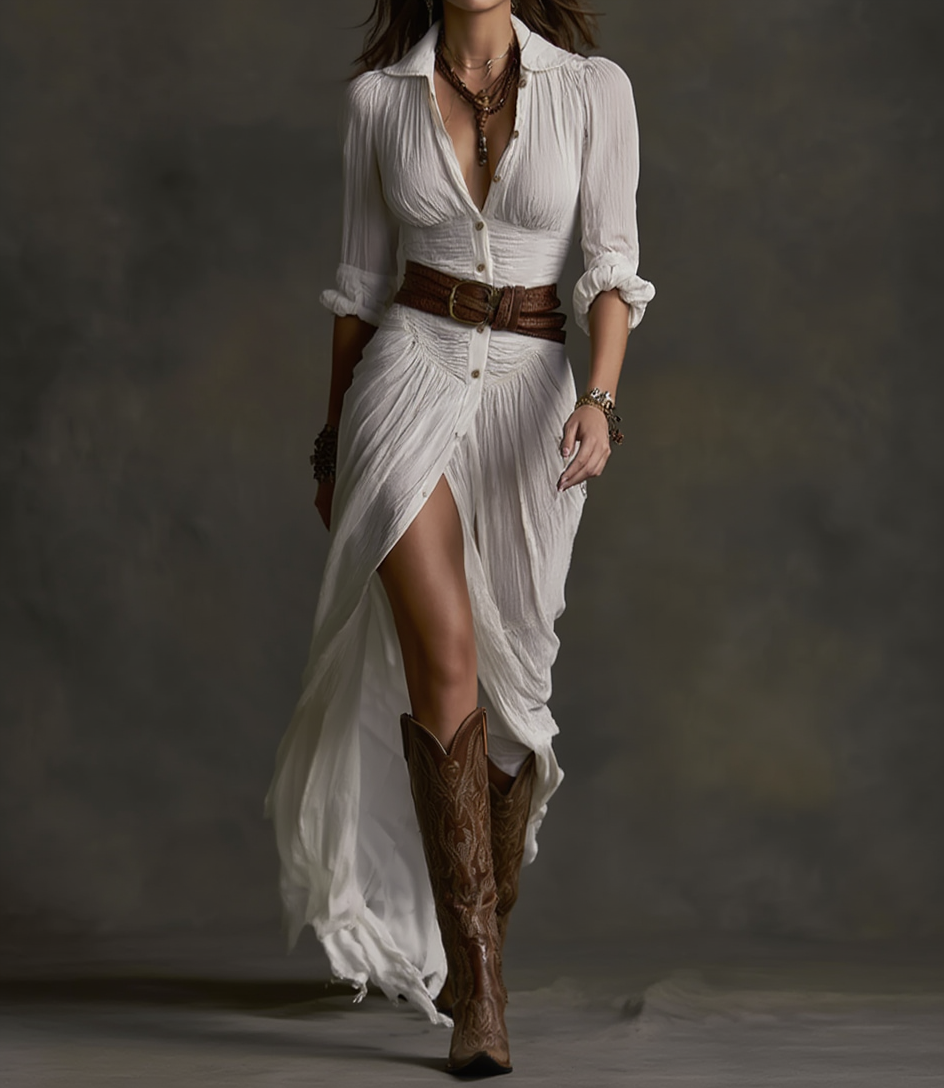 White long linen dress with V-neck buttons, reverse collar, wrap slit and belt.