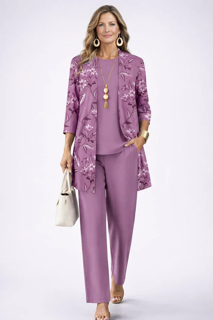 3-piece outfit set in mauve purple: floral kimono jacket, top, and straight pants