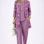 3-piece outfit set in mauve purple: floral kimono jacket, top, and straight pants