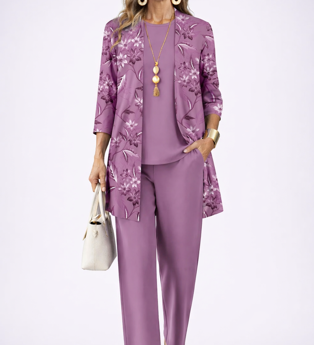 Women's mauve 3-piece set: floral jacket, matching top, and straight-leg trousers