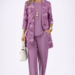 Women's mauve 3-piece set: floral jacket, matching top, and straight-leg trousers