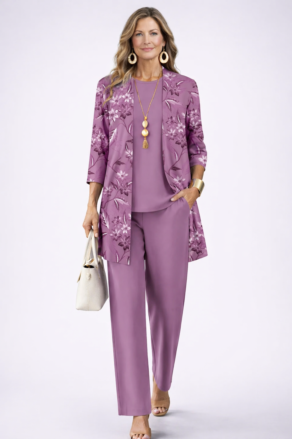 Women's mauve 3-piece set: floral jacket, matching top, and straight-leg trousers