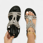 Orthopedic boho sandals black with silver rhinestone cross-floral straps and open toe