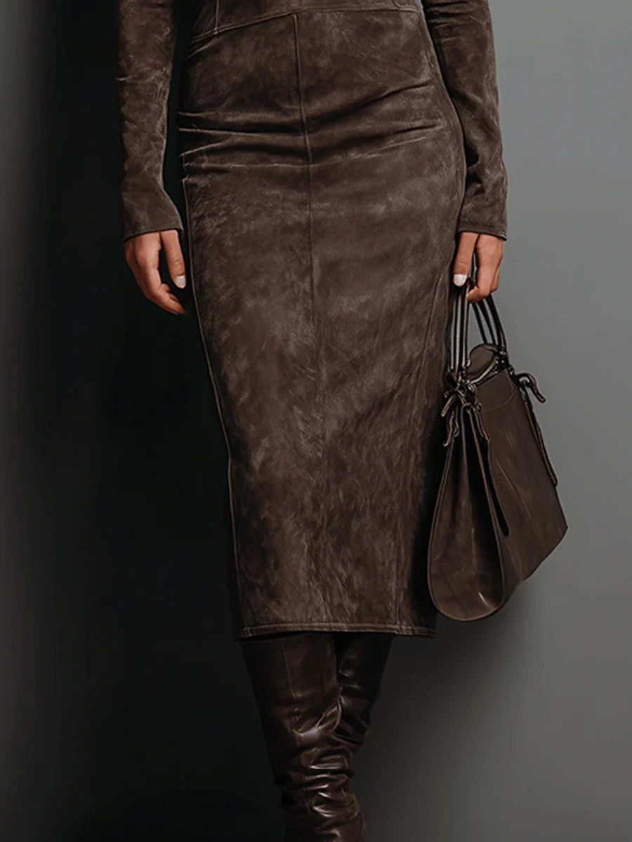 Brown fitted midi dress with turtleneck and long sleeves, paneled seams, suede-look
