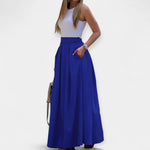 Blue midi skirt with pleated A-line design and wide waistband
