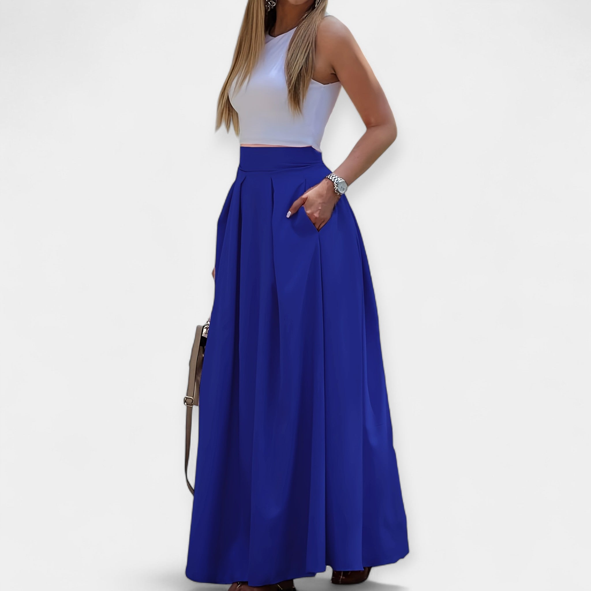 Blue midi skirt with pleated A-line design and wide waistband