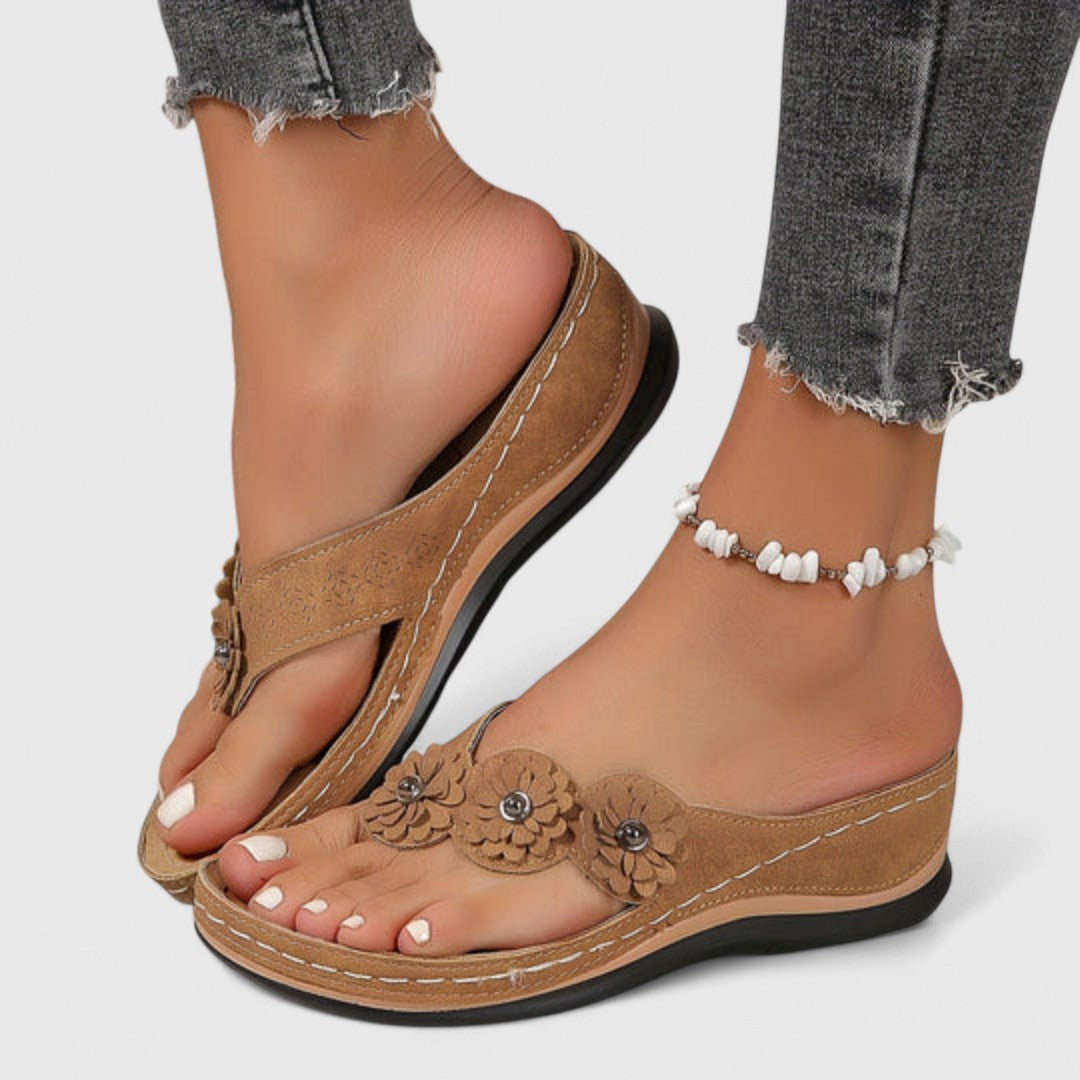 Women's comfort orthopedic sandals, brown with floral applique and beaded ankle strap