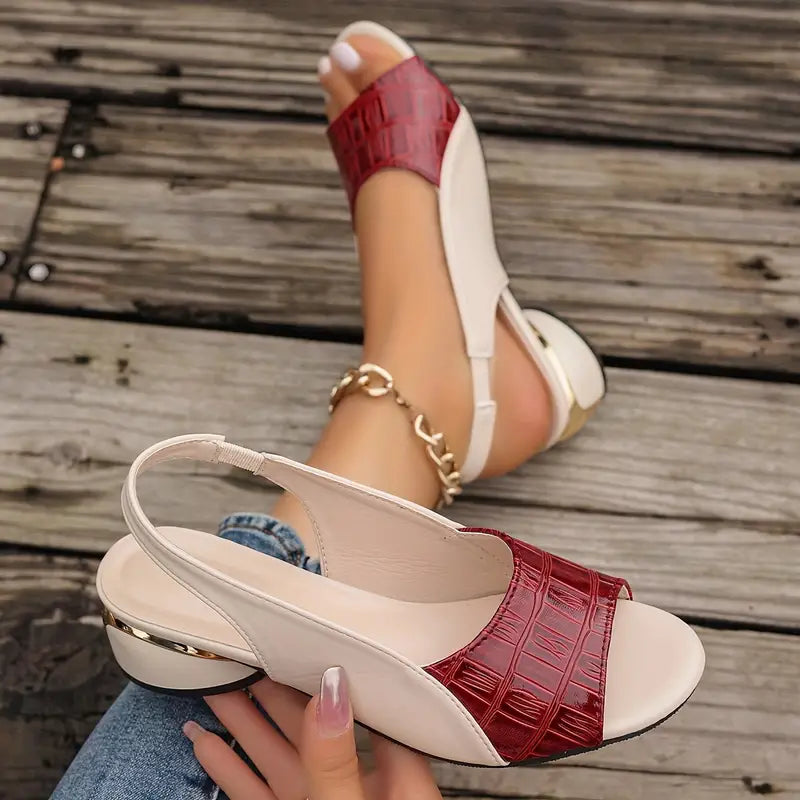 Orthopedic slide sandals with red croc-texture strap, white sole, and chunky heeled back