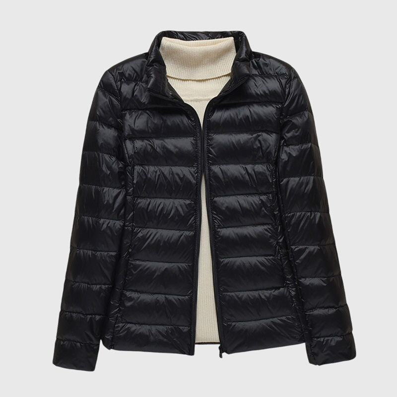 Lightweight puffer jacket with hood, black, full-zip front and quilted panels