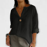 Lightweight button-front blouse, V-neck, elbow sleeves, black