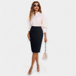 High-waist midi pencil skirt in dark navy, fitted and straight hem