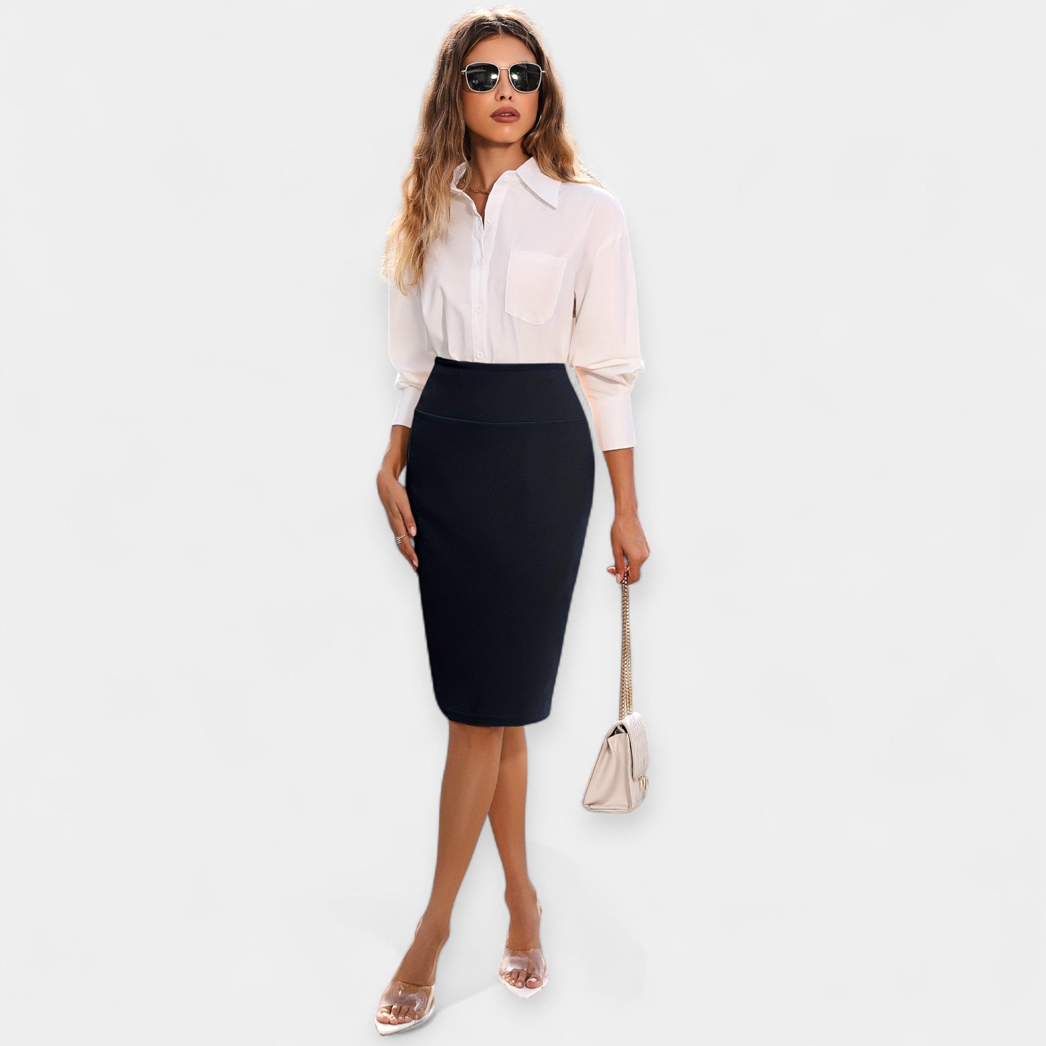 High-waist midi pencil skirt in dark navy, fitted and straight hem