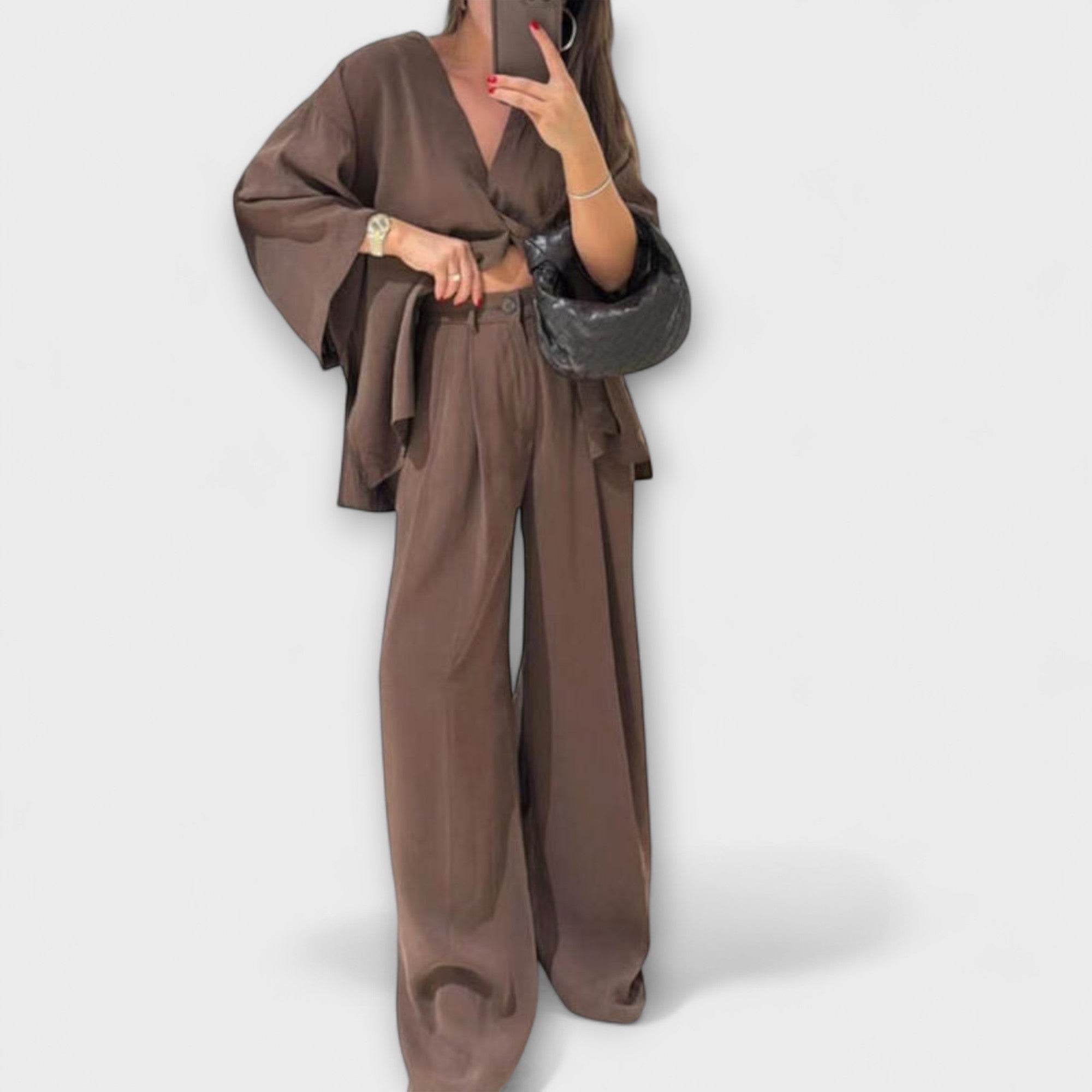 Two-layer V-neck top and wide-leg pants set, brown button-front blouse