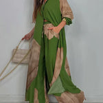 Green and beige patchwork print top and wide-leg pants set with button front