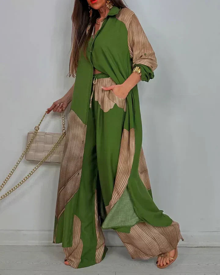 Green and beige patchwork print top and wide-leg pants set with button front