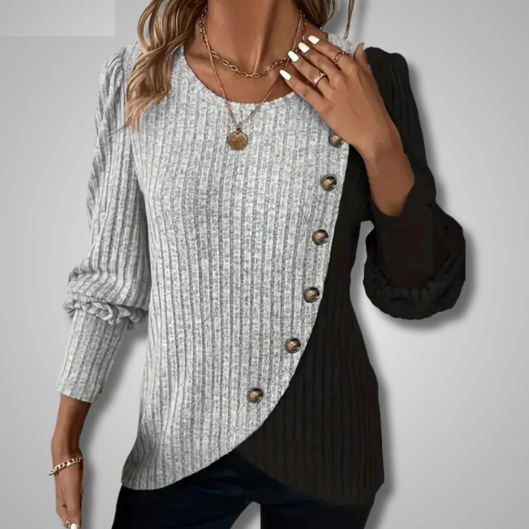 Light gray ribbed knit top, long sleeves, button-front asymmetric hem