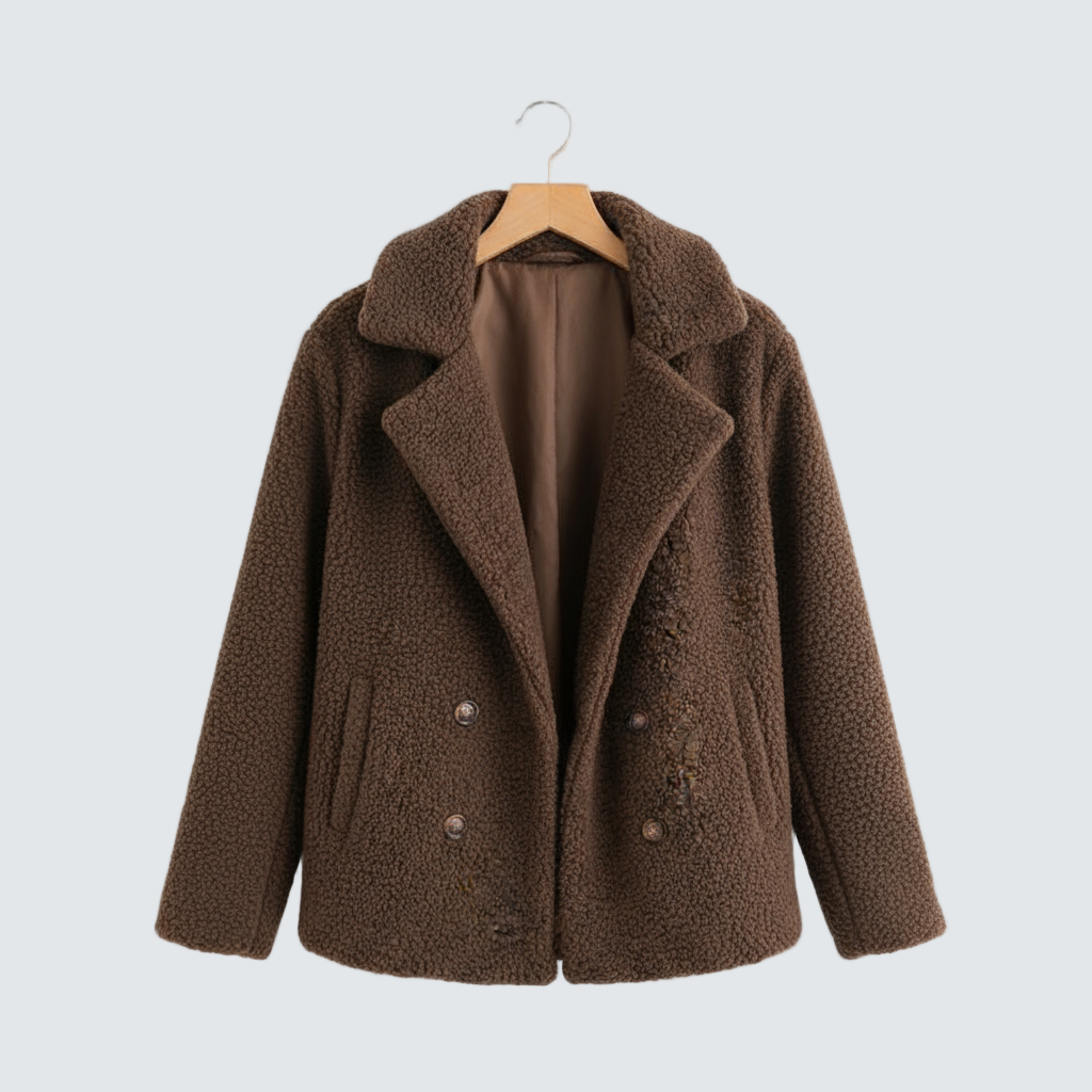 Brown sherpa-style puffer jacket with wide lapels, double-breasted buttons, and long sleeves