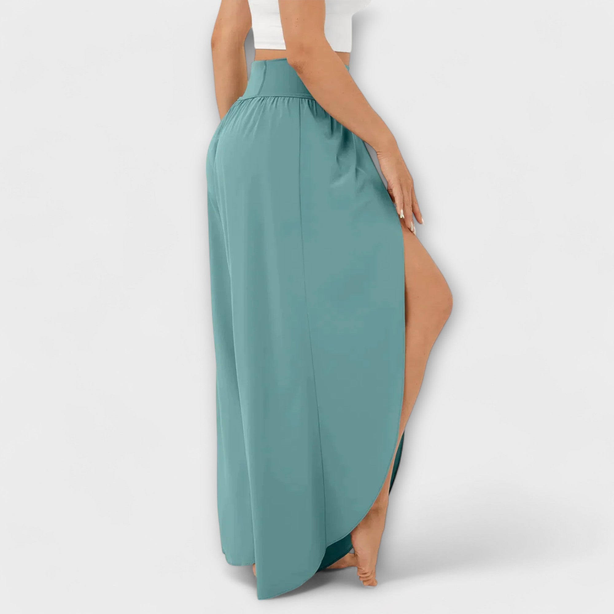 Women’s flowy wide-leg pants with elastic waist, teal green, long draped side panel