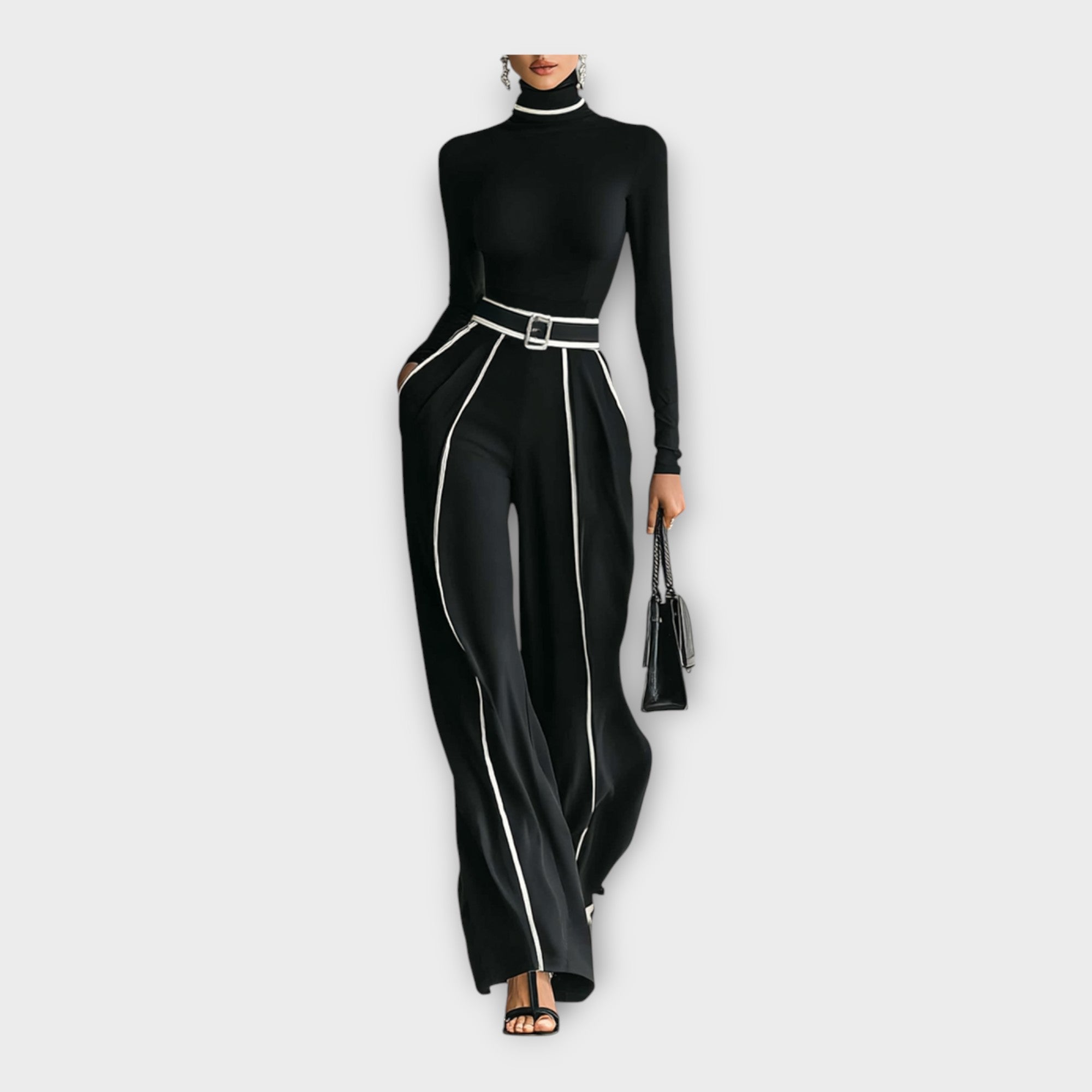Women's black turtleneck jumpsuit with contrast piping, belted waist, full front