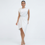 White asymmetric sleeveless dress with structured shoulders and angled front hem