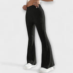 Black ribbed knit flared pants with high waist and wide leg opening