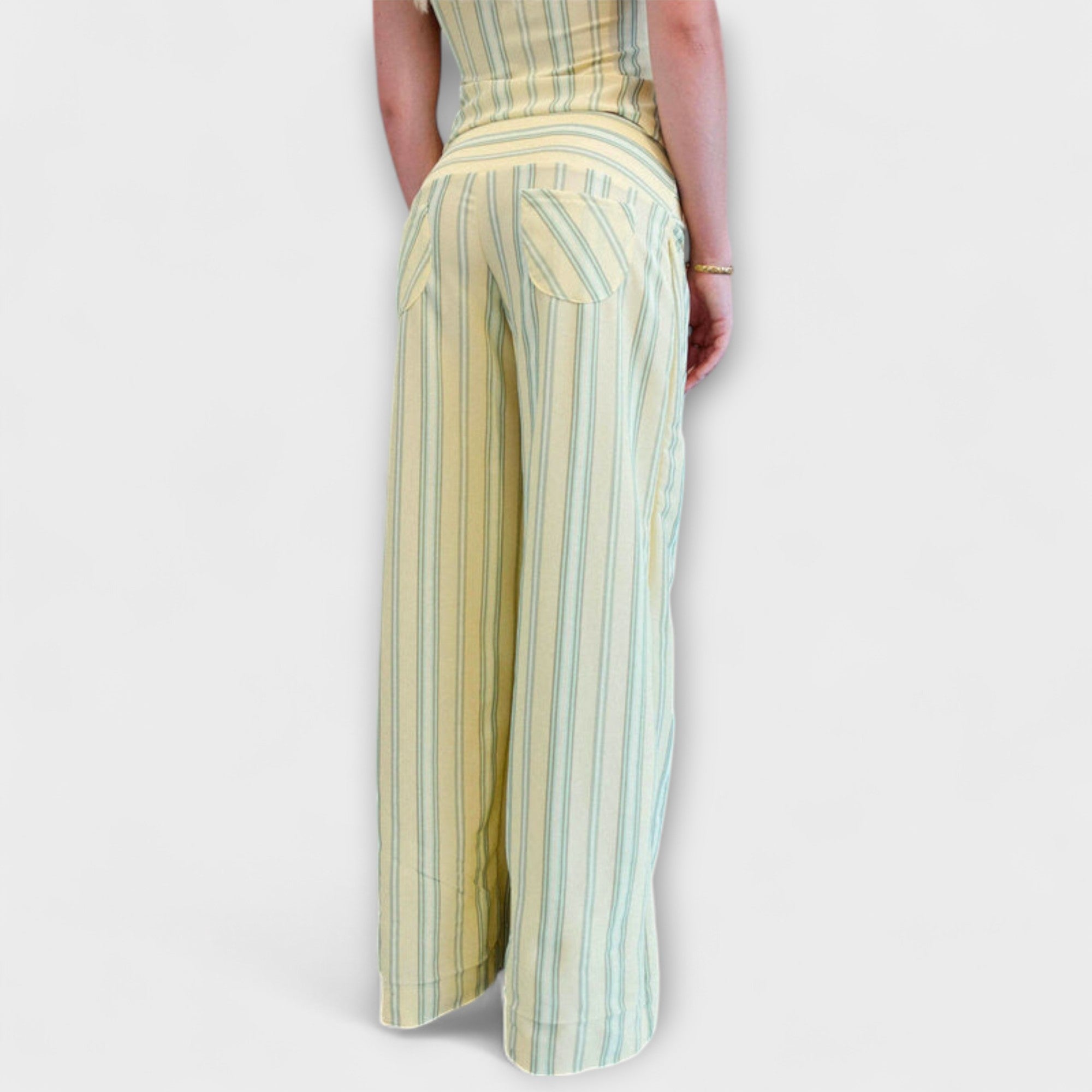 Striped wide-leg trousers with a high waist and vertical light yellow and pale blue stripes