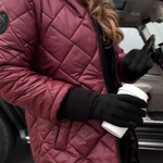 Quilted hooded puffer coat, maroon, close-up of zip and diamond stitching