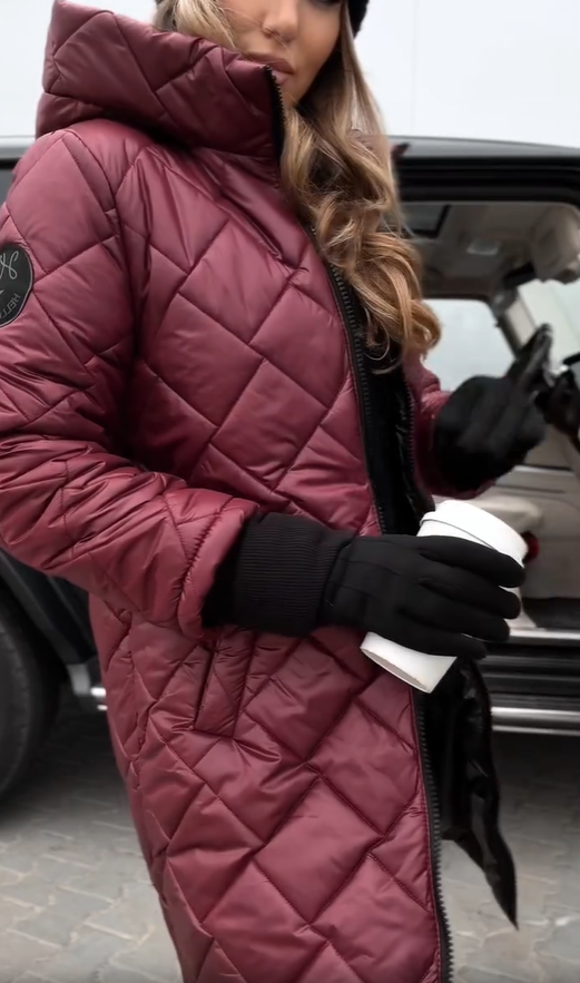 Quilted hooded puffer coat, maroon, close-up of zip and diamond stitching