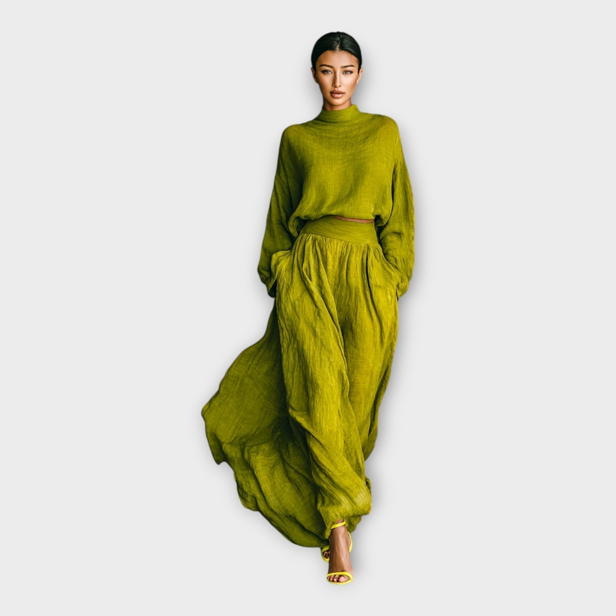 Green knit turtleneck sweater and flowing maxi skirt set
